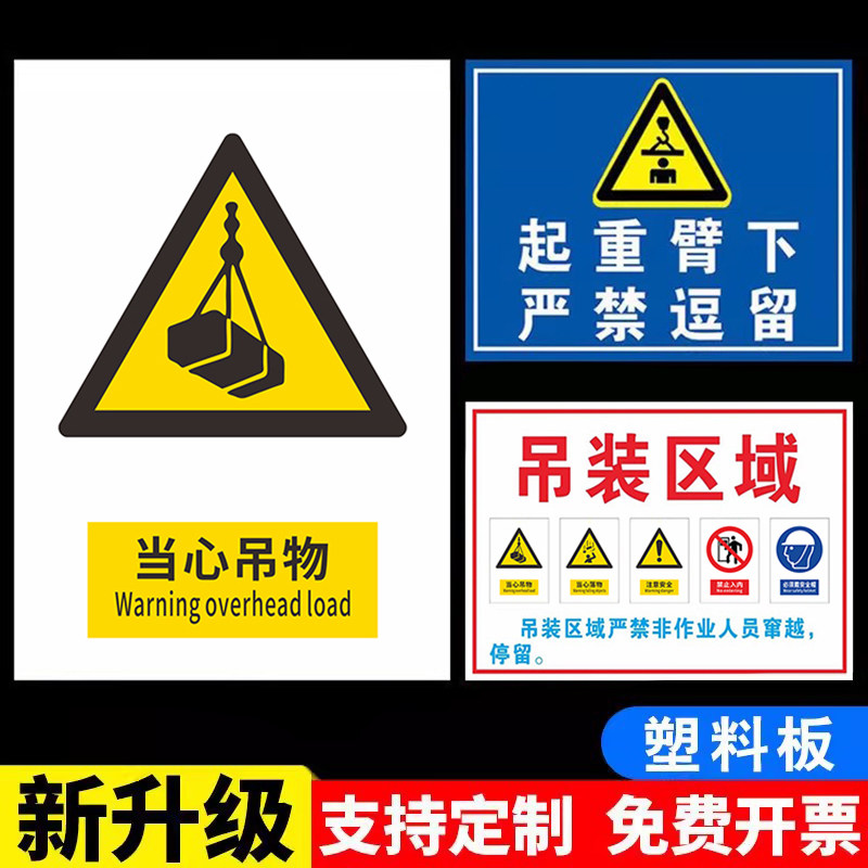 起重机安全警示标志吊装作业区域警示牌安全生产标识牌当心吊物航吊龙门塔吊行车吊车工作使用吊机伤害标牌贴