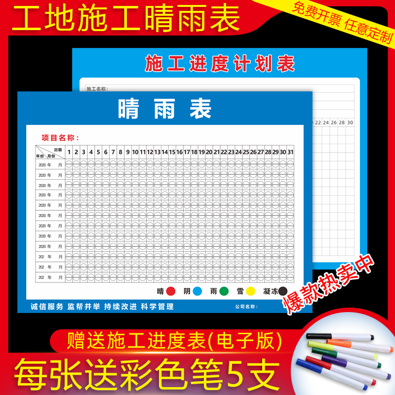 工地施工晴雨表进度表通用八大员岗位职责建筑工程施工天气贴纸办公室挂图海报定制 文具电教/文化用品/商务用品 标志牌/提示牌/付款码 原图主图