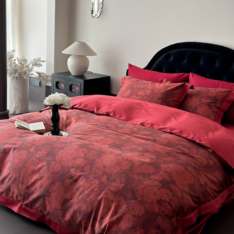 复古结婚四件套简约喜庆新年花卉纯棉贡缎被套床单全棉新疆长绒棉