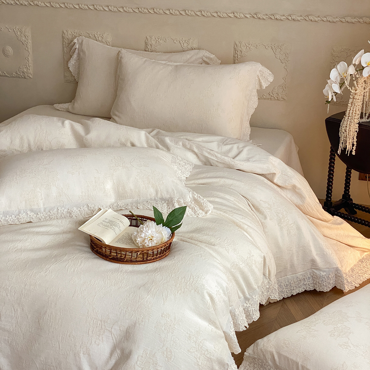 法式浪漫蕾丝花边四件套高端立体提花被套小清新公主风质朴棉麻