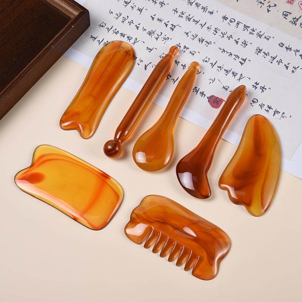 琥珀刮痧板按摩板点穴套装家用拔筋棒院用品面部全身通用礼物
