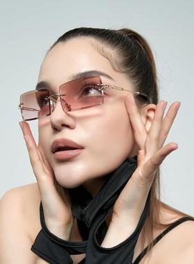 A18976方形无边框太阳镜女 复古钻石切边透明眼镜 欧美流行