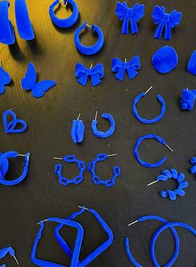 925银针植绒秋冬丝绒克莱因蓝色C形耳钉复古无耳洞耳环女耳夹耳饰