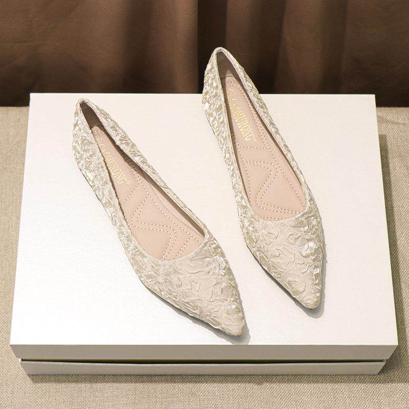 女神光板单鞋女黑色女士气质平底浅口鞋子女法式尖头瓢鞋女生定制