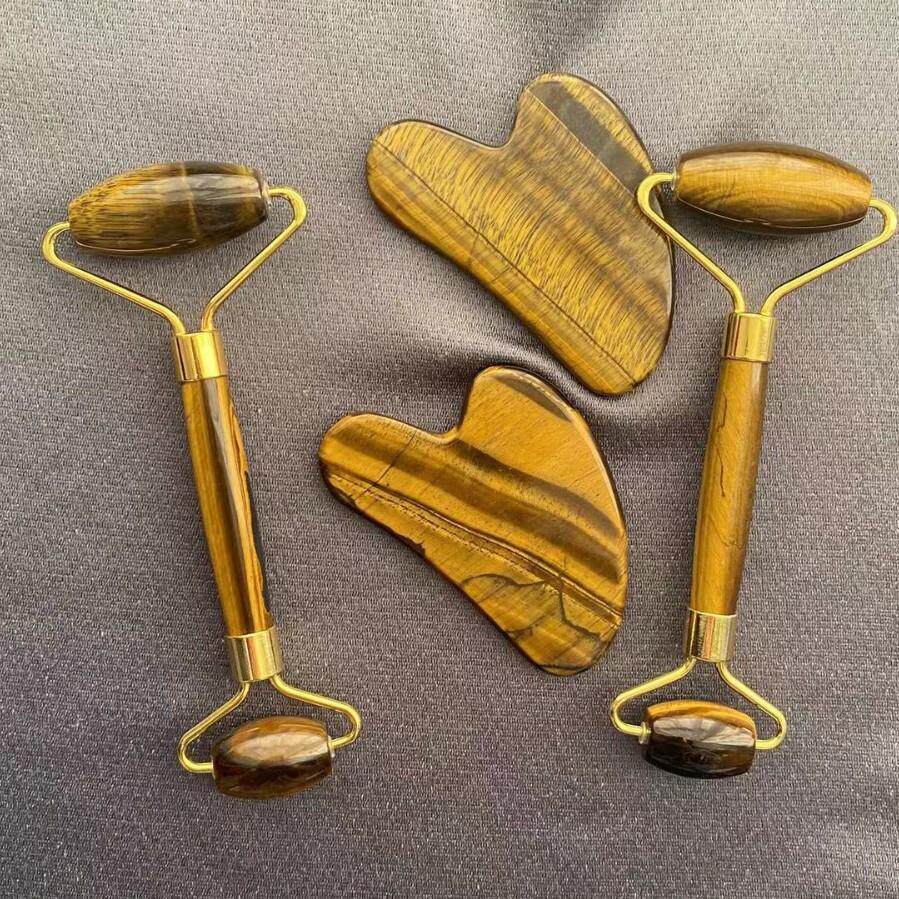 外贸天然虎眼石玉石滚轮刮痧板套装 玉石滚轮按摩器 虎眼石刮礼物