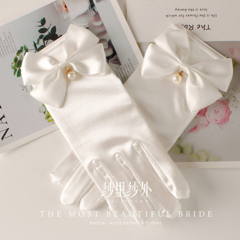 婚纱手套缎面蝴蝶结弹力款掉珠配礼服短款包指白色简约色公主风