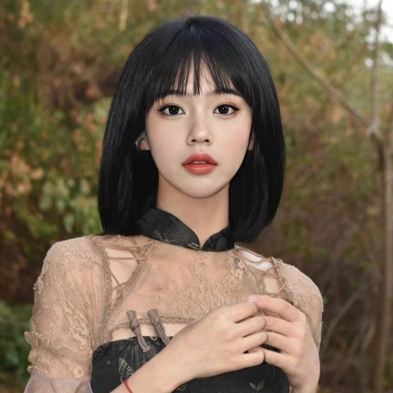 假发女短发BOBO黑色空气刘海少女波波头短直发自然仿真全头套礼物