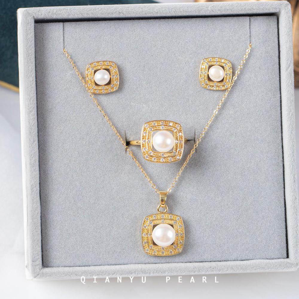 4件套】耳环戒指项链套装天然珍珠欧美首饰轻奢微镶镀18k金女式