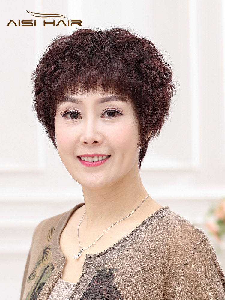 真发假发女短发 短卷发蓬松自然女士中老年妈妈假发套 真人发丝领
