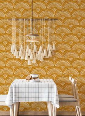 几何复古boho自粘可移除墙纸客厅卧室厨房现代橙色扇形壁纸RW233