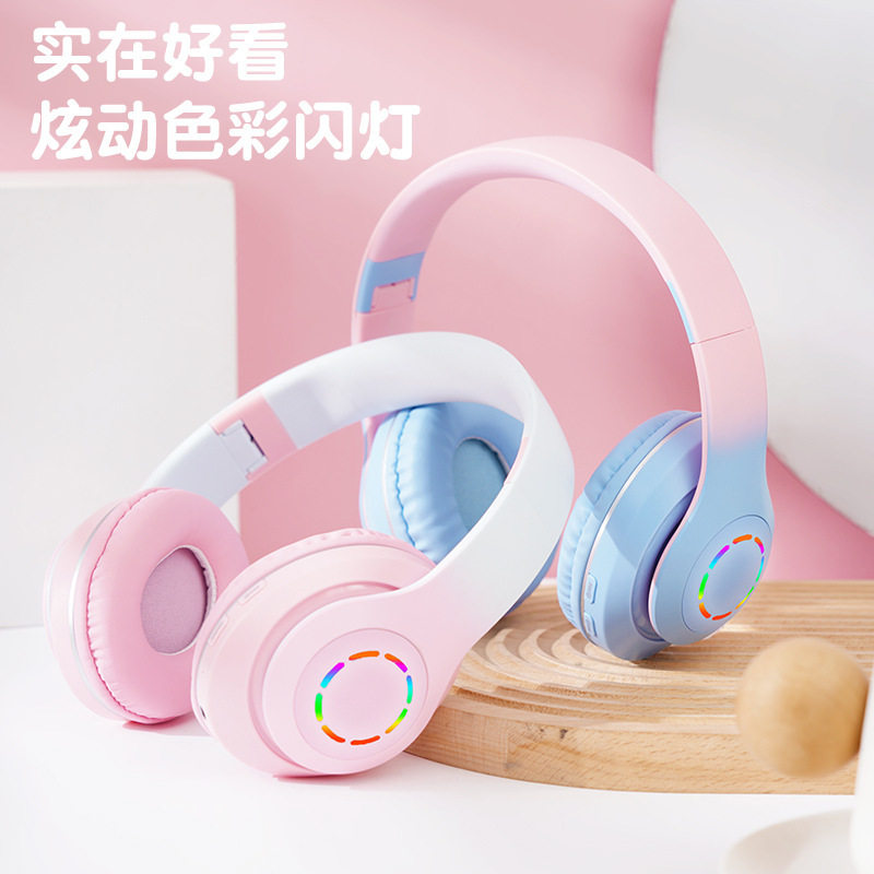 蓝牙耳机头戴式无线女生手机电脑耳麦带麦超长待机渐变马卡龙