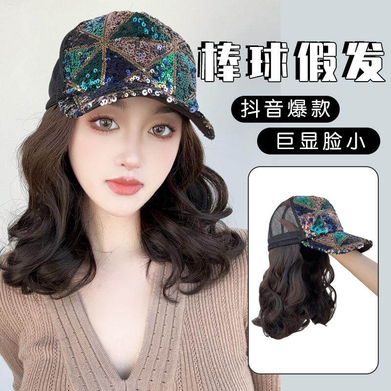 许昌假发女短卷发帽子遮阳亮片棒球鸭舌帽一体式微卷假发帽迷礼物