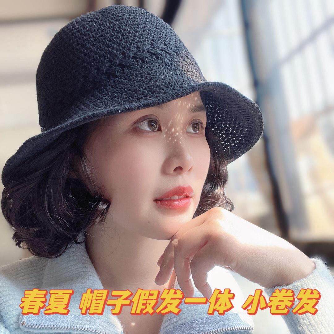 春夏帽子假发一体女时尚透气渔夫帽小卷发假发帽子逼真短卷假礼物