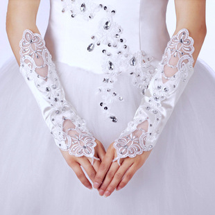 新娘蕾丝带钻结婚手套新娘婚纱婚礼无指对花手套春夏长款手套