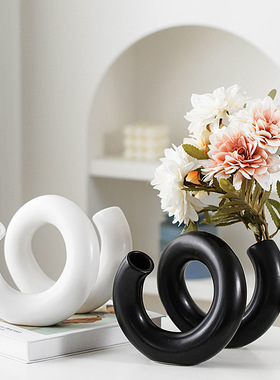 北欧陶瓷花瓶创意家居摆件装饰品黑白哑光釉面水培干花插定制