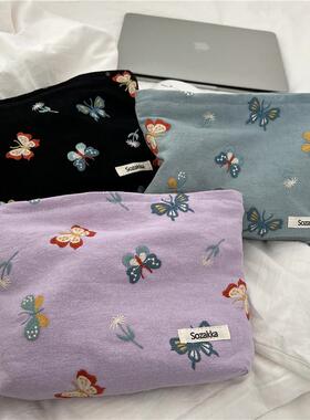 110221天青色蝴蝶刺绣化妆包便携拉链收纳袋随身便携手拿零钱包女