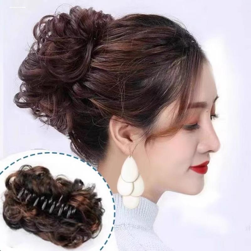 真人发丝抓夹卷发圈丸子头花苞全抓夹发包自然凌乱感丸子头假发女