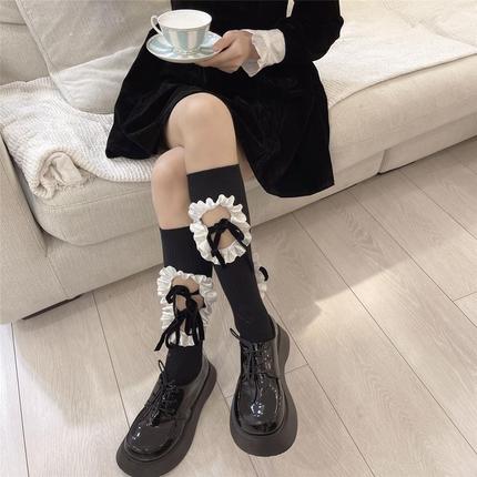 ZUOYI设计师款甜酷ins中筒袜镂空褶皱花边小腿袜绑带蝴蝶结jk袜