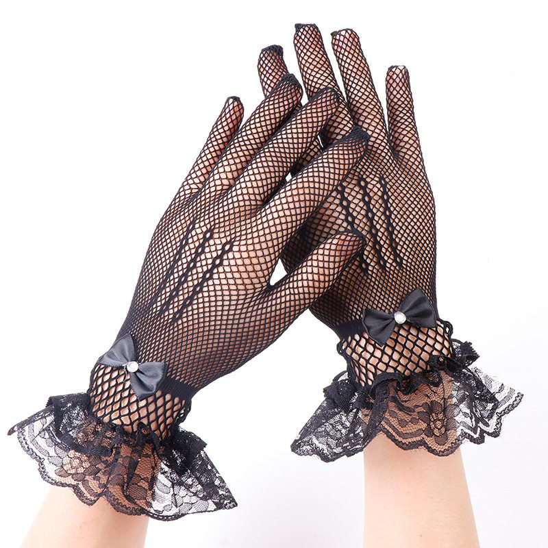 短款渔网亮钻蝴蝶结花边镂空蕾丝新娘手套婚纱礼仪 舞台表演手套