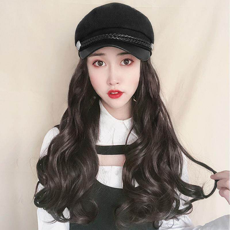 帽子假发女长发网红海军帽子假发一体女时尚长卷发大波浪全头礼物
