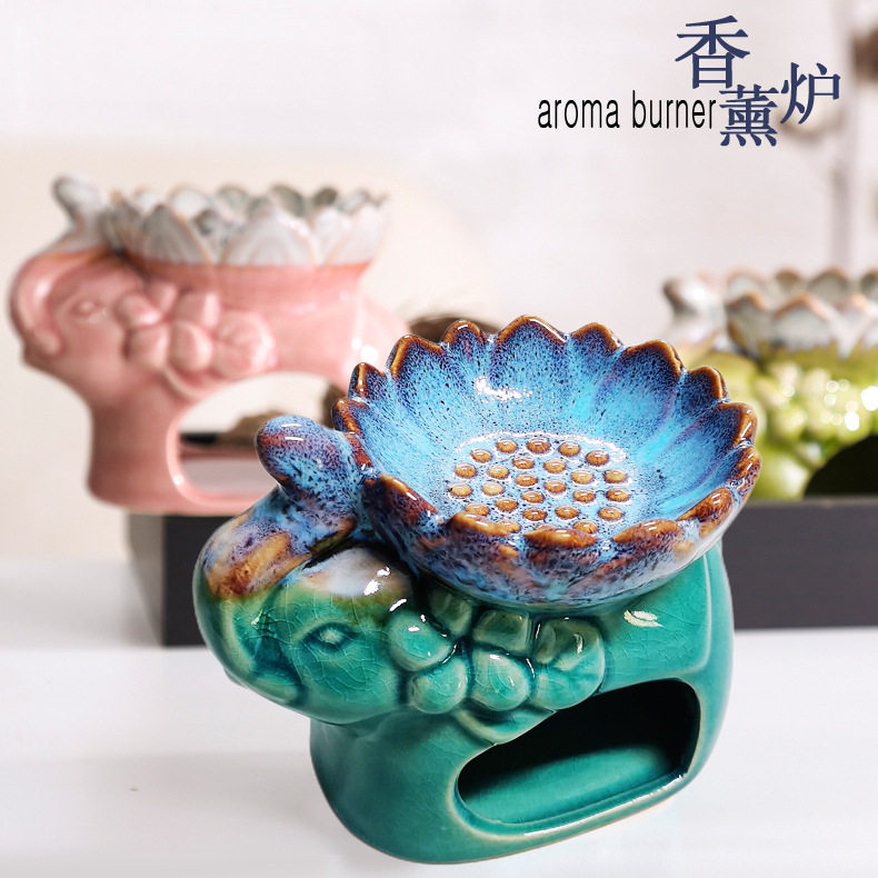 L28莲花冰裂纹大象香薰炉 陶瓷香熏炉 家居芳香工具 熏醋炉
