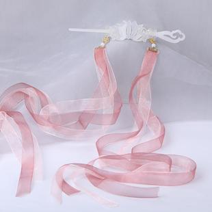 素白簪冠 汉服后压头饰丝带飘带发冠 古风簪子发钗冠古装发饰套装