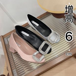 晚宴会方头单鞋 内增高女鞋 新款 女2026秋季 水钻方扣浅口高跟鞋