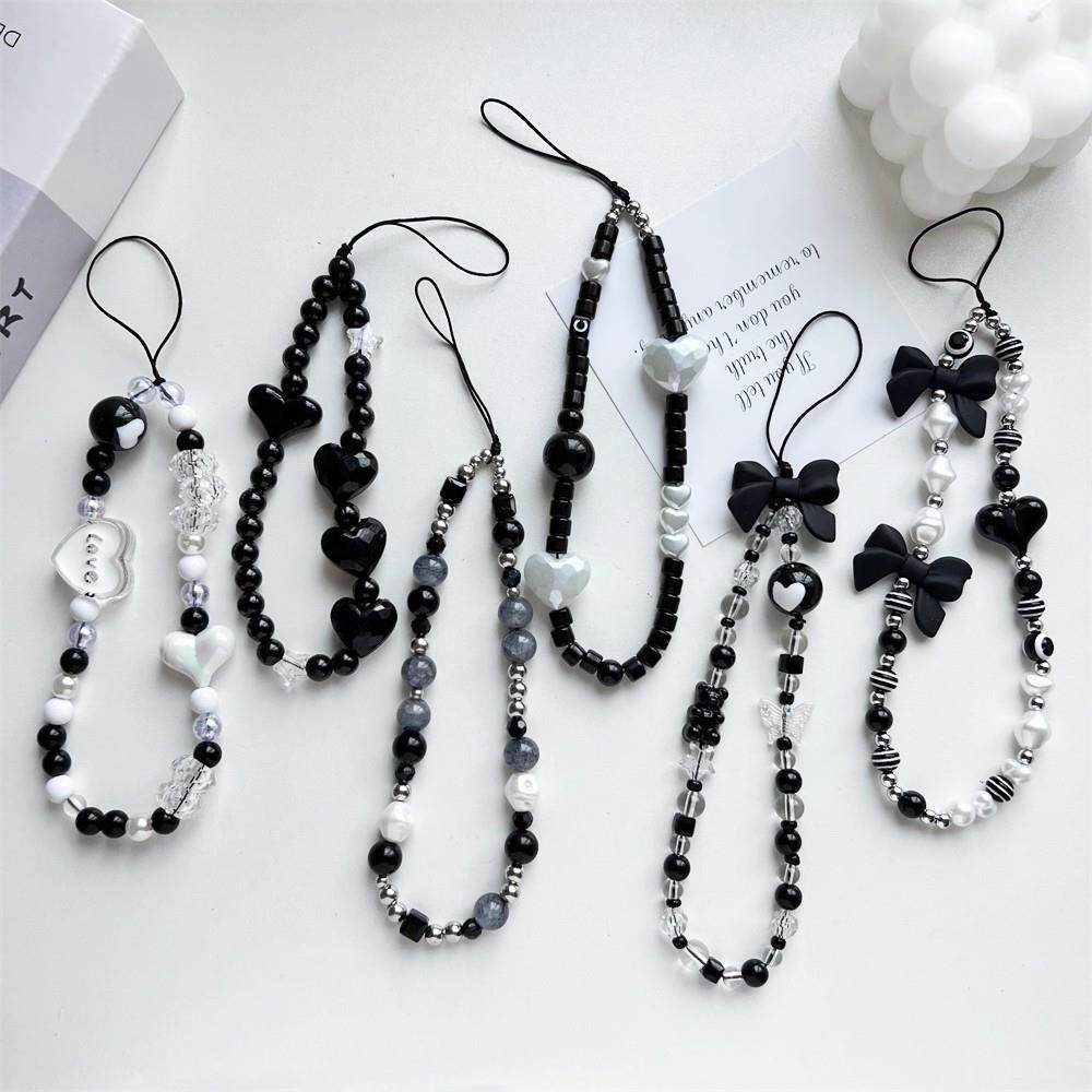 彩球黑色爱心手机链条手腕绳小众串珠ins风网红挂绳女