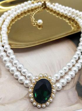 复古优雅宴会锁骨链礼服旗袍蕾丝裙配饰双层项链长短款套装