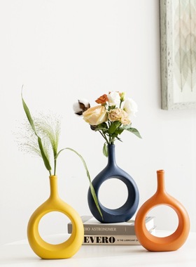 外贸彩色玉环陶瓷花瓶手工创意工艺品客厅桌面花插装饰品摆件定制