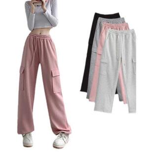 美式粉色女工装裤春款抽绳束脚卫裤高腰显设计感休闲长裤女
