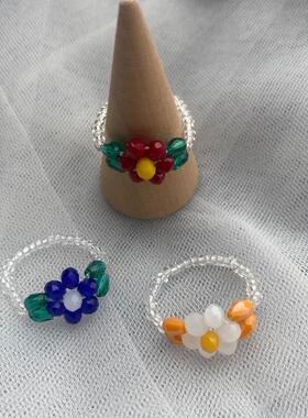 日韩复古彩色水晶串珠花朵戒指韩版ins风三色小清新可爱指环手饰