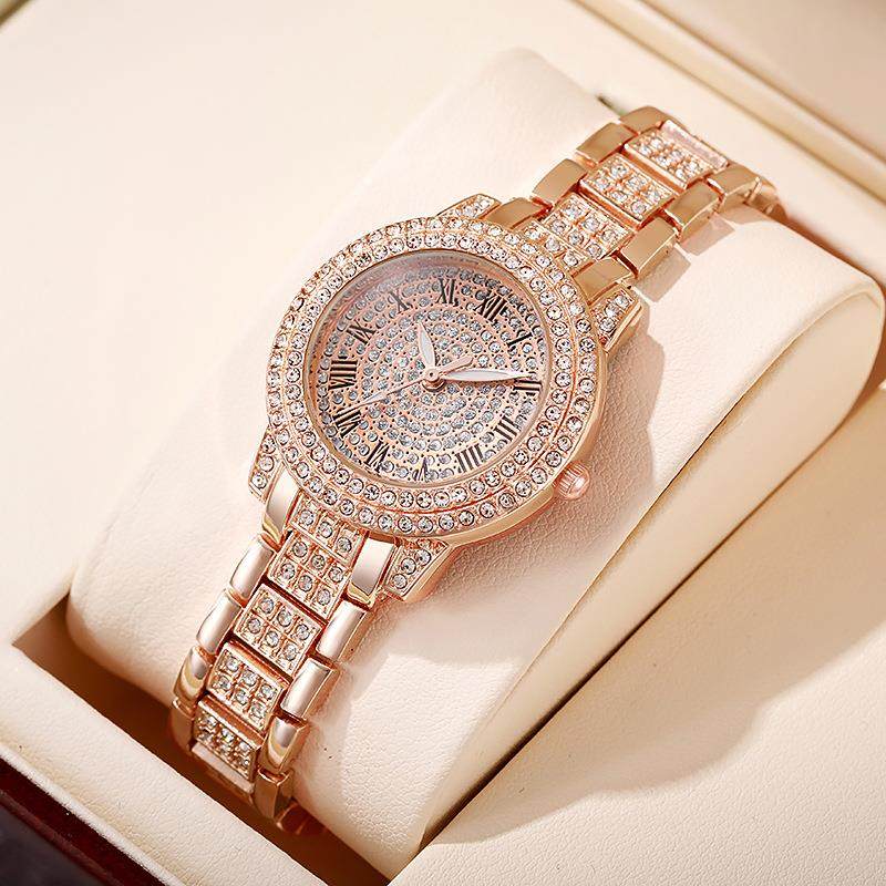 电子手表女小众高级感镶钻石英表学生玫瑰金罗马纹满钻女表