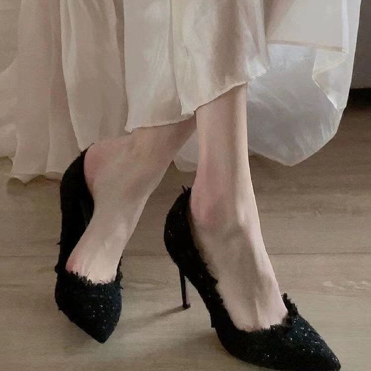 高跟鞋女细跟2026年新款秋冬季编织欧美法式尖头单鞋小香风女鞋子