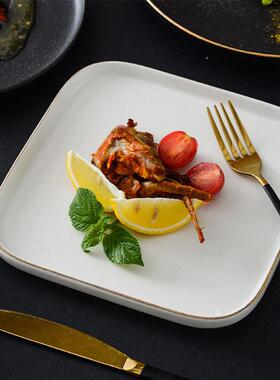 爆款白色金边磨砂牛排西餐商用创意西餐厅牛扒盘方形陶瓷日式餐具