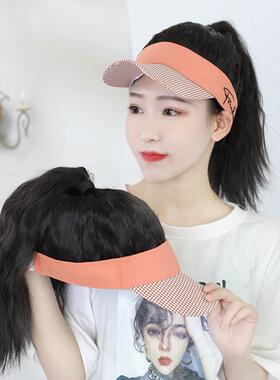 夏季橙色水波纹运动假发网红女夏天帽子一体假发现货外贸