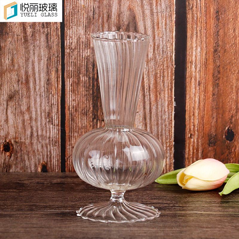 供应北欧ins花瓶 条纹款玻璃花瓶 微景观玻璃工艺品 日式手作花瓶