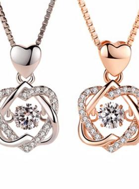 双心灵动吊坠彩银项链潮流银爱闪动心形吊坠玫瑰金锁骨链简约礼物