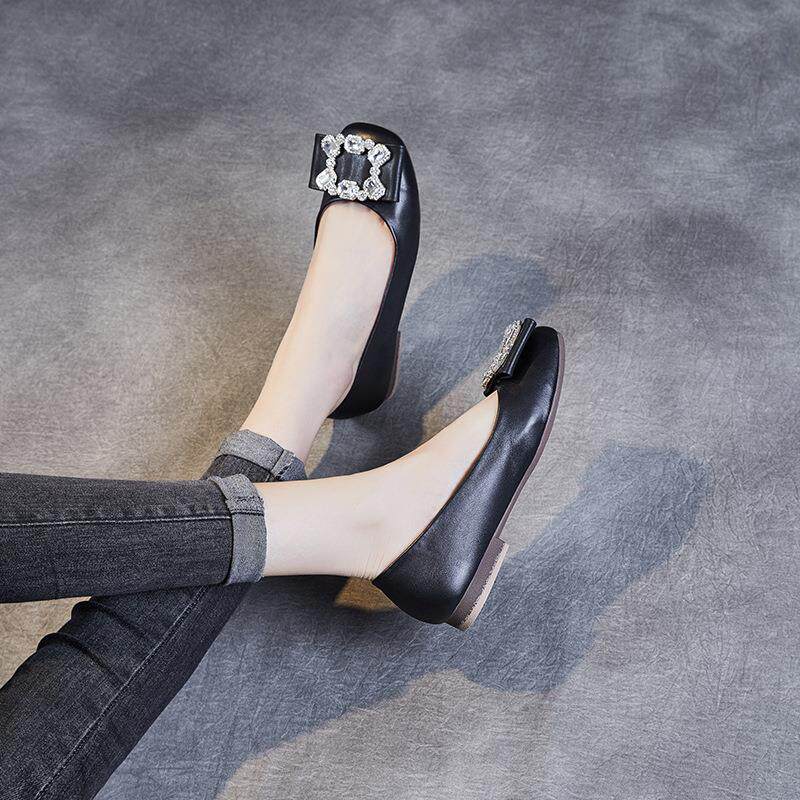 舒适牛皮水钻方扣单鞋浅口平底方头奶奶鞋女软皮软底百搭孕妇瓢鞋