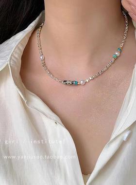 春夏复古轻奢小众绿色石头碎银子项链女2025年新款复古串珠锁骨链