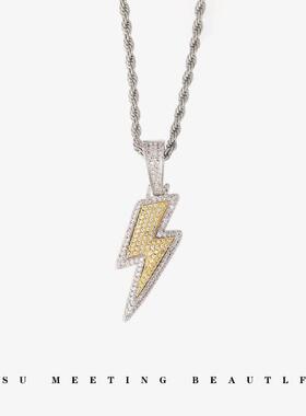潮街头蹦迪嘻哈吊坠镶满钻闪电项链酷项链钛钢颈链长款毛衣链挂饰