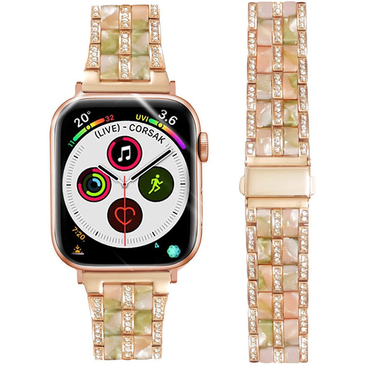 小香风适用苹果Apple i Watch S 7 智能金属树脂镶钻小蛮腰女表带