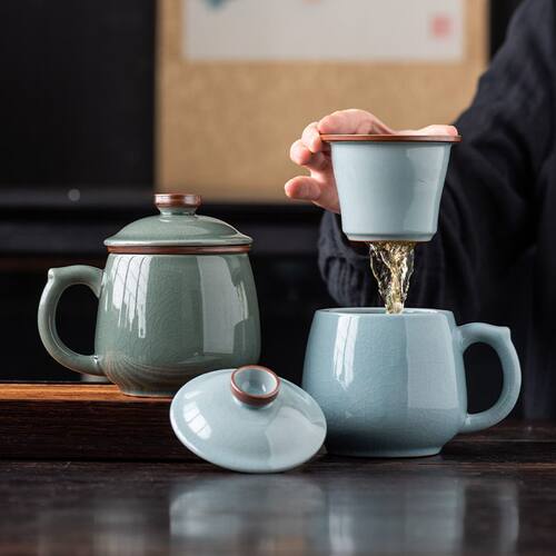 哥窑办公杯茶水分离天青茶杯办公室带盖陶瓷可养开片过滤泡茶水杯