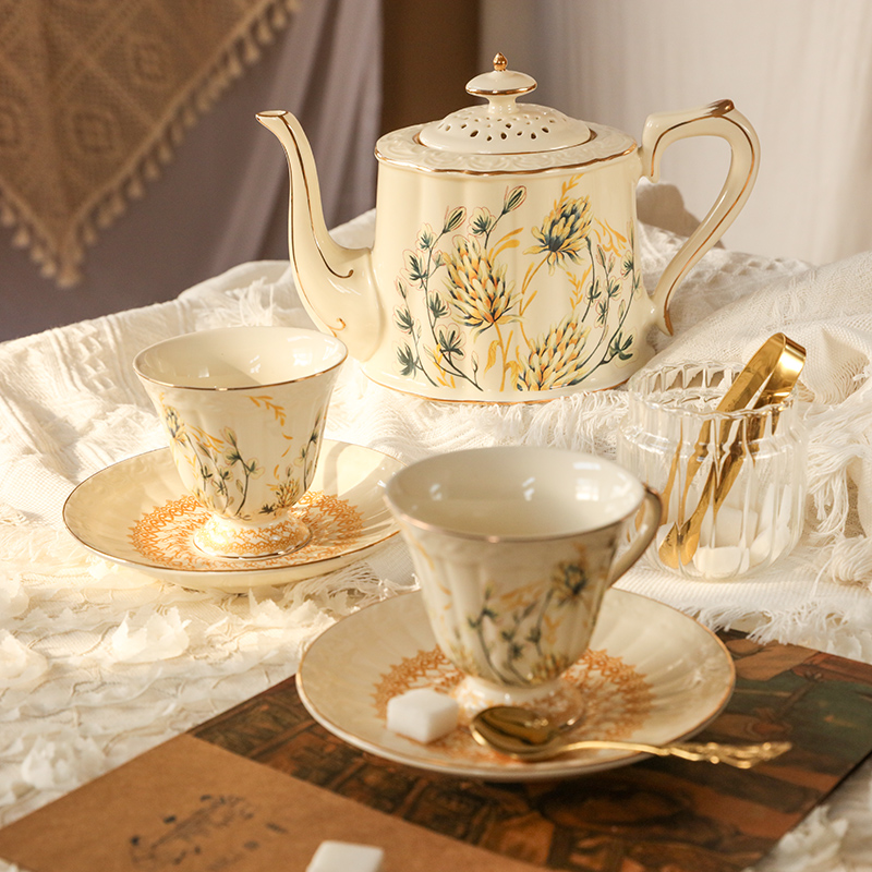 法式描金复古咖啡杯碟欧式镂空陶瓷茶壶套装英式下午茶餐具红茶杯