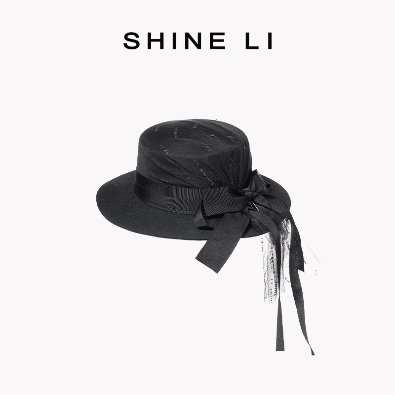 SHINE LI李姗 网纱蝴蝶结平顶帽 秋冬帽子女黑色网纱帽