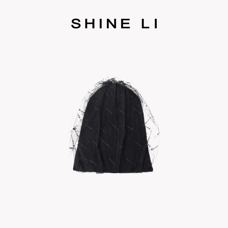 SHINE LI李姗 网纱褶皱针织帽 帽子女秋冬时尚保暖网纱装饰帽