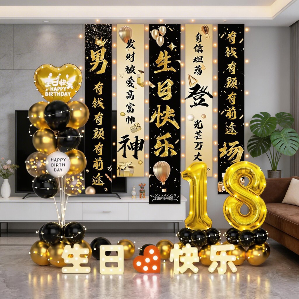 男女孩18岁生日装饰套装儿童宝宝派对背景条幅客厅氛围庆生布置品