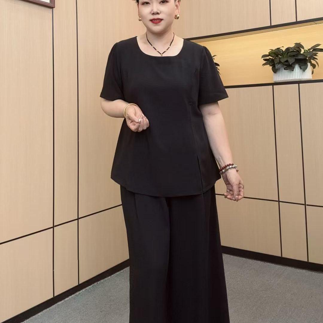 休闲简约方领短袖套装2025夏季新款妈妈装上衣裤子遮肉显瘦两件套