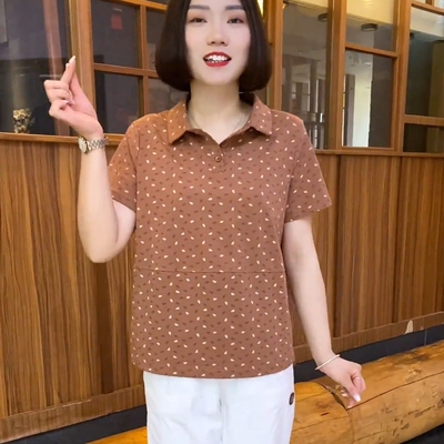 中年妈妈装polo领印花短袖T恤女