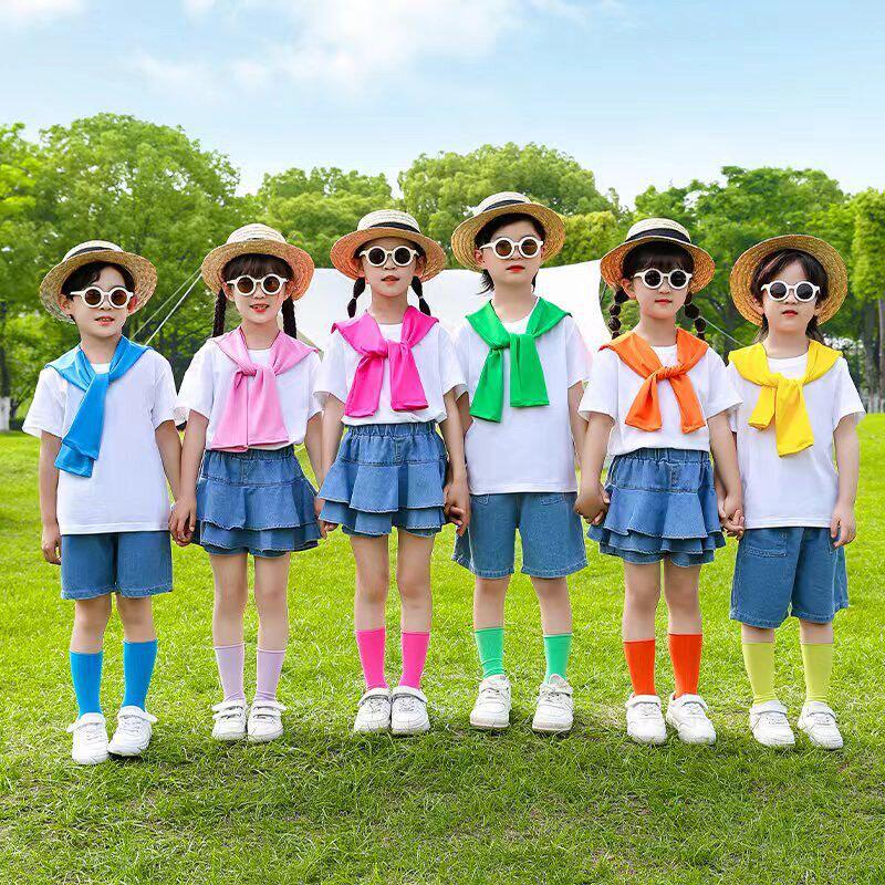 六一儿童演出服彩色披肩棉T恤牛仔短裤短裙套装幼儿园毕业拍照服